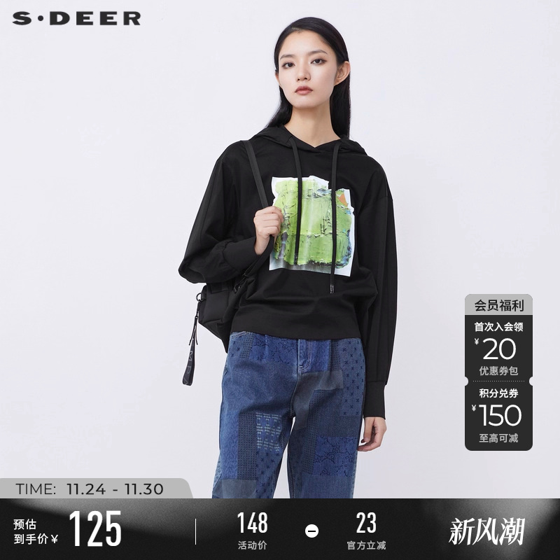 s.deer休闲黑色短款卫衣