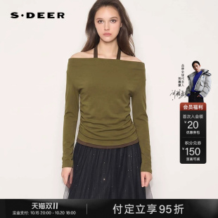 sdeer圣迪奥女装2026秋季新款复古荡领假两件拼接长袖T恤