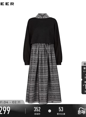 sdeer圣迪奥冬季女装印花收腰网纱针织衫连衣裙套装S244Z1417