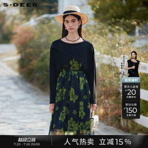 sdeer圣迪奥春秋装女文艺风网纱收腰印花针织连衣裙套装S24161402