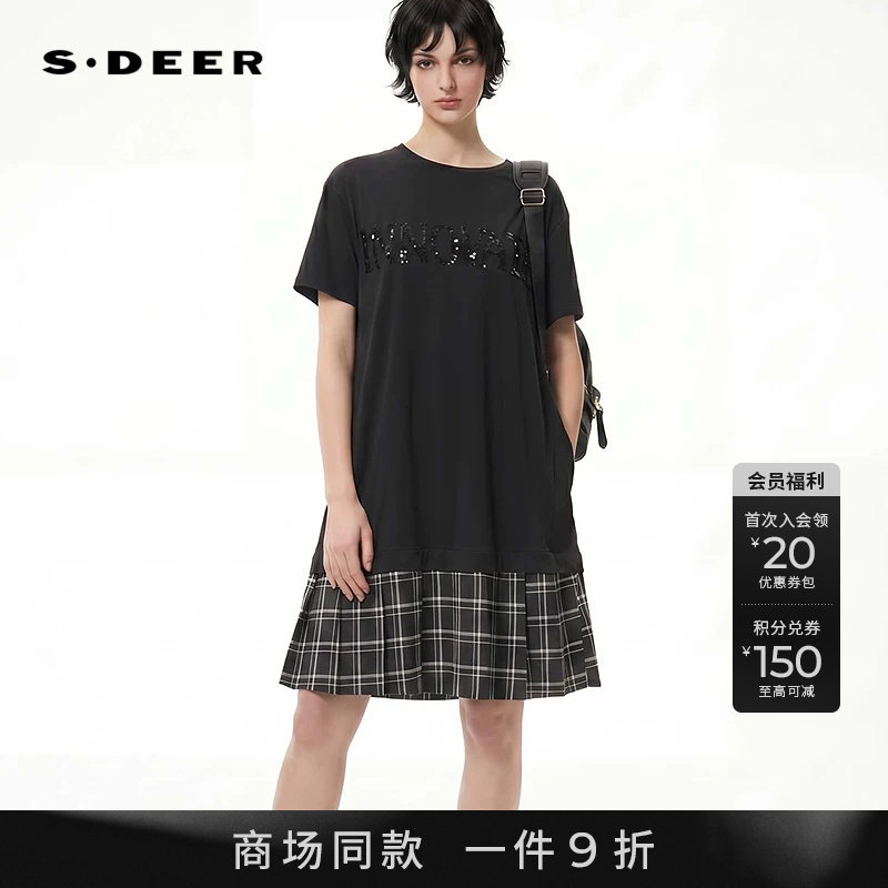 【商场同款】sdeer圣迪奥女26年新品圆领字母格纹拼接短袖连衣