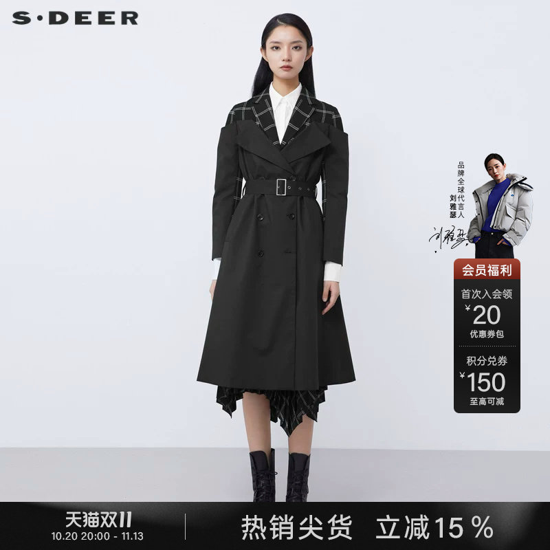 sdeer圣迪奥秋装休闲西装领格纹拼接收腰风衣女S21381808
