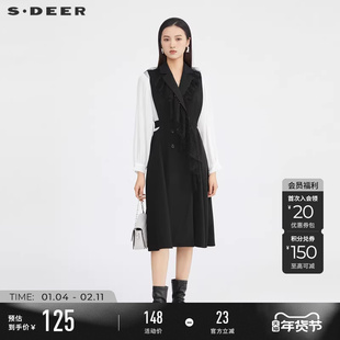 sdeer圣迪奥淑女外套网纱撞色雪纺拼接长款风衣S223Z1821