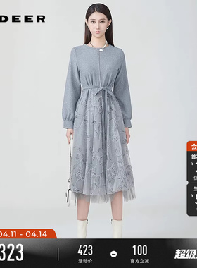 sdeer圣迪奥春季女装复古圆领收腰拼接网纱连衣裙S241Z1264