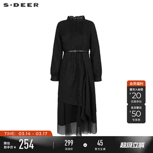 sdeer圣迪奥冬装女装木耳边圆领风琴褶收腰网纱连衣裙S234Z12G8