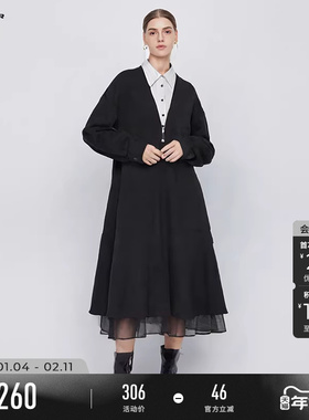 sdeer圣迪奥冬季女装翻领条纹网纱假两件连衣裙S244Z1201