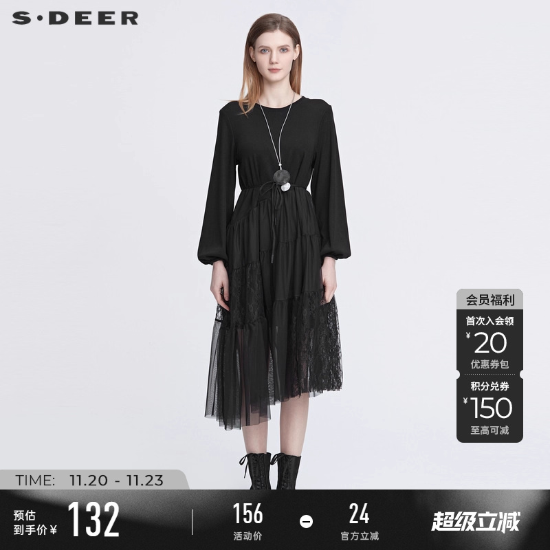 s.deer网纱蕾丝灯笼袖连衣裙
