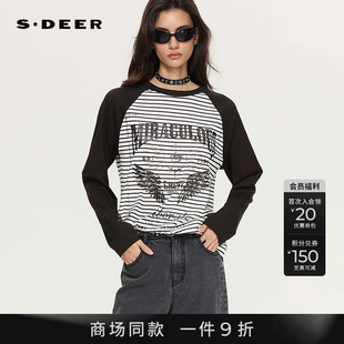 【商场同款】sdeer圣迪奥女26年新品时尚圆领条纹字母宽松长袖T恤