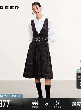 sdeer圣迪奥女装26年新品学院风V领撞色收腰背带连衣裙S261Z1201