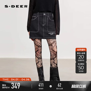 sdeer圣迪奥女装 复古高腰撞色字母牛仔宽松短裙S262Z1302 26年新品