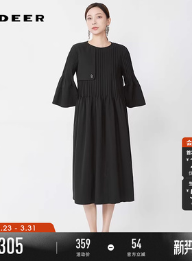sdeer圣迪奥春秋装女装圆领风琴褶拼接喇叭袖连衣裙S243Z1290
