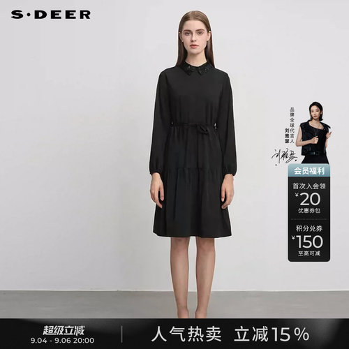 sdeer收腰碎褶撞色印花连衣裙