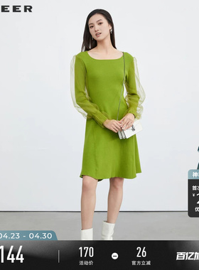 sdeer圣迪奥女装春秋装长裙网纱拼接收腰显瘦针织连衣裙S223Z12BH