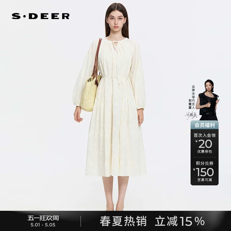 sdeer圣迪奥女装春秋装文艺圆领收腰绣花长袖连衣裙S253Z1263