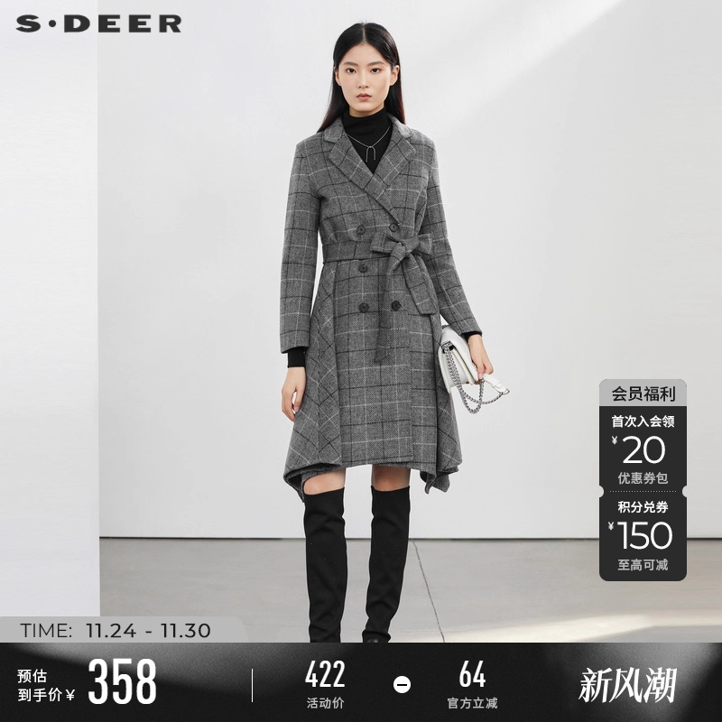 sdeer领格纹收腰千金毛呢大衣