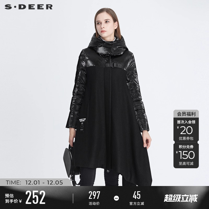 sdeer连帽拼接羽绒黑色风衣外套