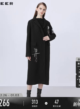 sdeer圣迪奥冬季女装西装领撞色字母H型毛呢大衣S214Z1875