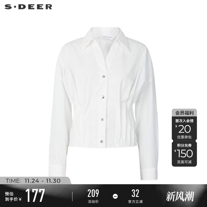 sdeerOL风翻领压褶白色长袖衬衫