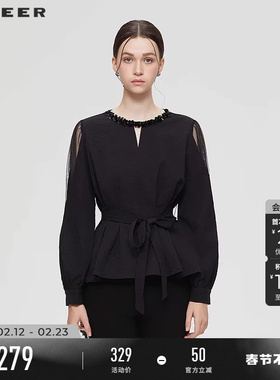 sdeer圣迪奥女装春秋装复古圆领网纱拼接收腰衬衫S253Z0517