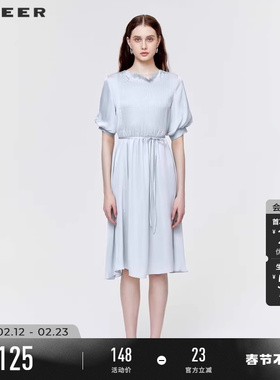 sdeer圣迪奥高级感连衣裙春夏装风琴褶收腰泡泡袖长裙S223Z12H1