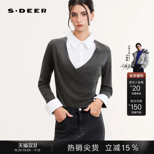 sdeerOL风翻领肌理假两件针织衫