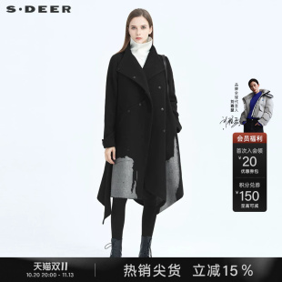 sdeer圣迪奥冬装女装立领胶印不规则拼接长款毛呢大衣女S20481837
