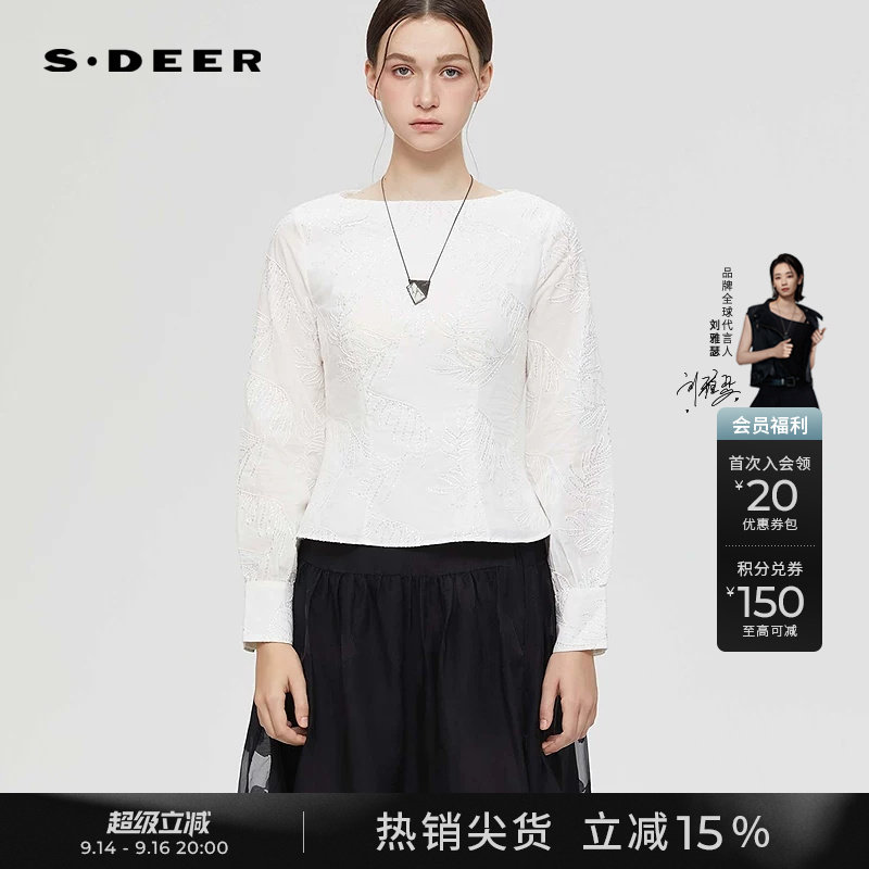 sdeer休闲圆领镂空绣花宽松衬衫图片