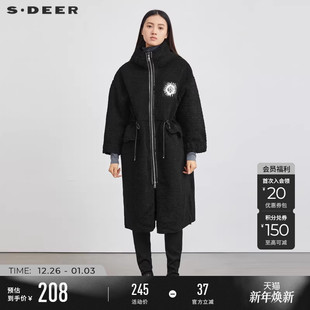 大衣S214Z1876 连帽收腰撞色字母羊羔绒中长款 sdeer圣迪奥女装 冬装