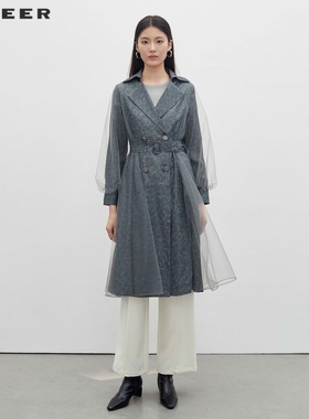 sdeer圣迪奥春秋装女装时尚翻领收腰网纱长款风衣外套S233Z1811