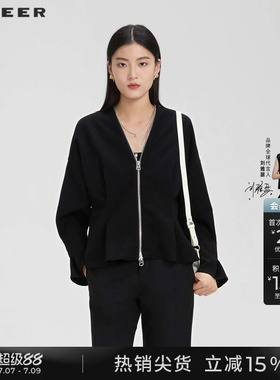 sdeer圣迪奥春秋装女装立领格纹压褶宽松短款外套S231Z2226