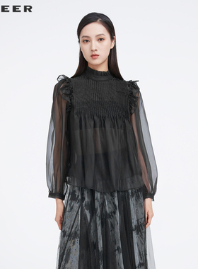 sdeer圣迪奥春装女装立领风琴褶木耳边长袖衬衫S221Z0509