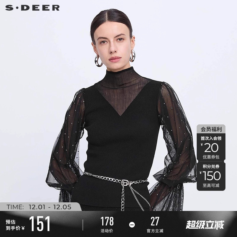 s.deer镂空波点网纱泡泡袖针织衫