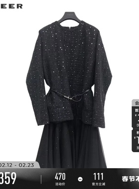 sdeer圣迪奥春秋装女装圆领格纹收腰网纱连衣裙套装S233Z1450