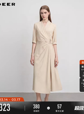 sdeer圣迪奥女装夏季复古V领收腰垂坠不规则连衣裙S252Z1206