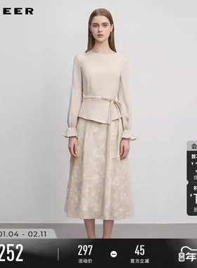sdeer圣迪奥秋冬装女装清新圆领收腰绣花假两件连衣裙S244Z1207