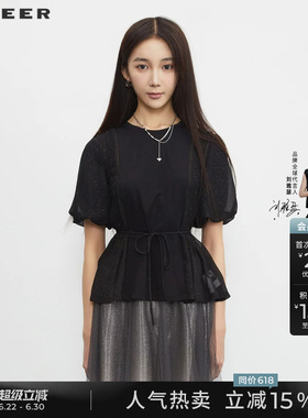 sdeer圣迪奥女装夏季短袖圆领压褶雪纺黑色泡泡袖T恤S23280102