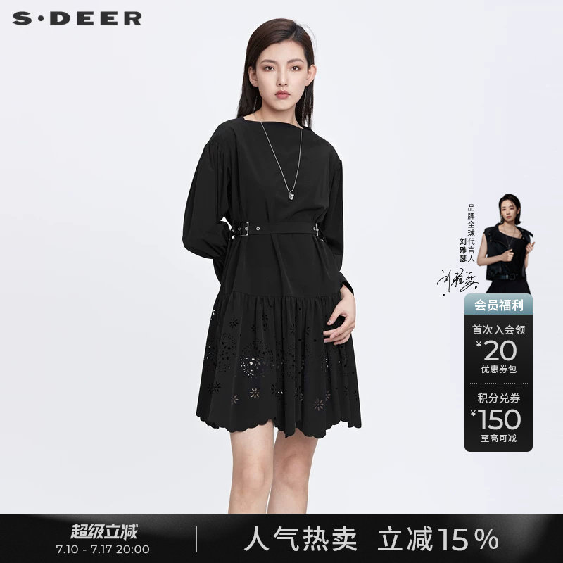 sdeer圣迪奥春秋装一字领收腰镂空喇叭袖黑色连衣裙女S22181212