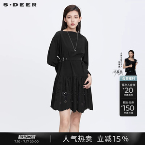 sdeer圣迪奥春秋装一字领收腰镂空喇叭袖黑色连衣裙女S22181212