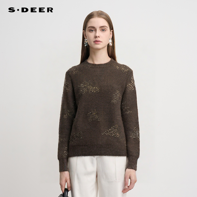 sdeer罗纹圆领钉珠宽松针织衫