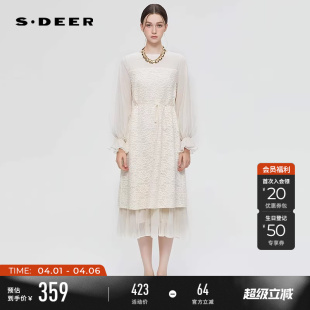 sdeer圣迪奥女装 复古圆领褶皱收腰网纱连衣裙S253Z12B8 春秋装