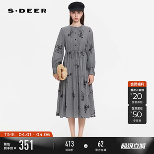 sdeer圣迪奥女装 复古圆领绣花网纱格纹连衣裙S253Z1270 春秋装