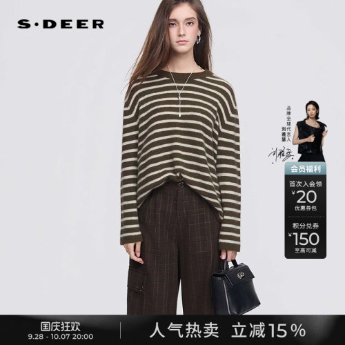 sdeer圆领撞色条纹宽松针织衫