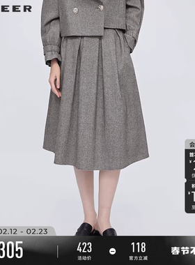 sdeer圣迪奥女装春秋装学院风复古高腰百褶毛呢长裙S253Z1141