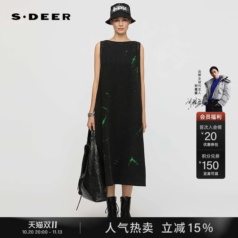 sdeer圣迪奥秋装女装圆领撞色印花无袖牛仔连衣裙S25381203