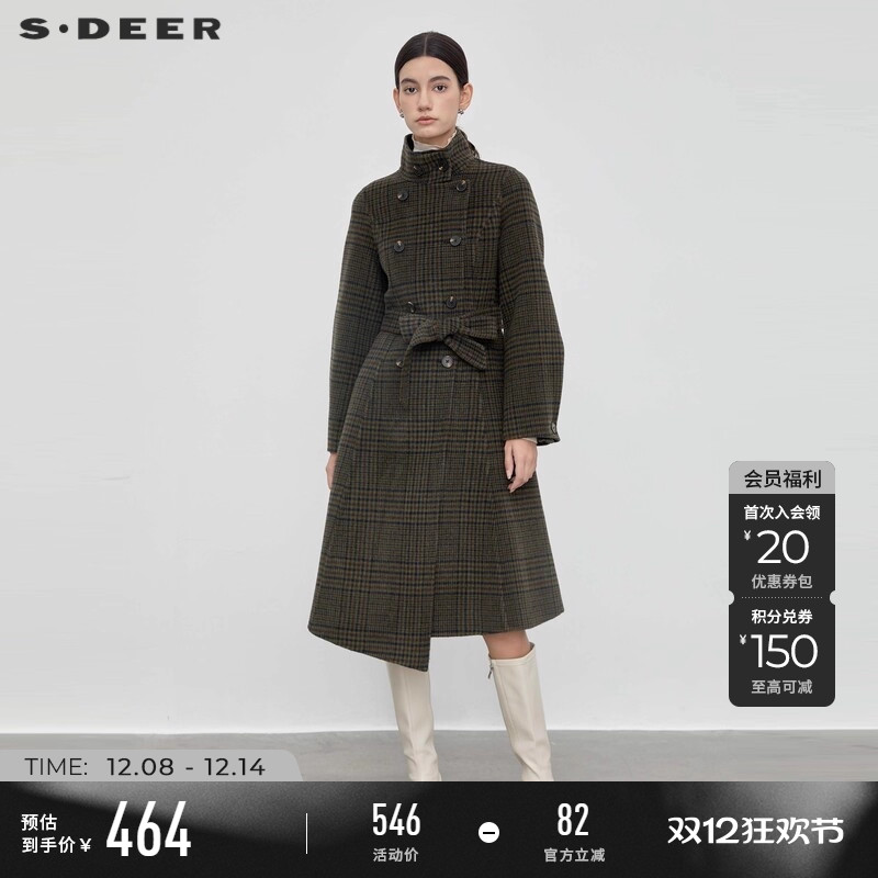 s.deer老钱风格纹毛呢羊毛大衣