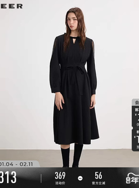 sdeer圣迪奥女装25年新品圆领收腰网纱拼接长袖连衣裙S253Z1224