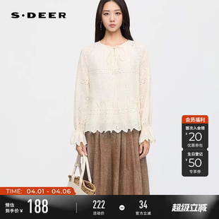 sdeer圣迪奥女装 度假风圆领系带镂空绣花上衣S253Z3202 春秋装
