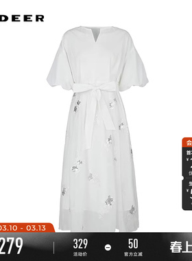 sdeer圣迪奥夏装女装V领收腰网纱绣花泡泡袖连衣裙S242Z12S9