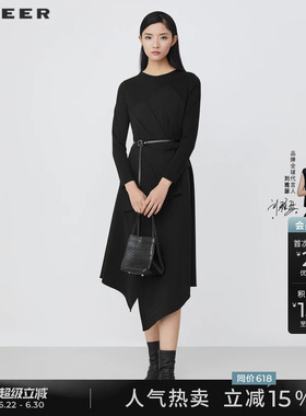 sdeer圣迪奥冬装女装圆领收腰长袖黑色连衣裙S21481222