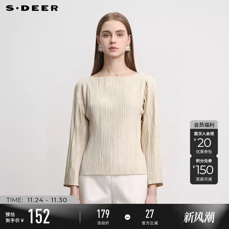 sdeer时尚圆领肌理褶皱长袖T恤